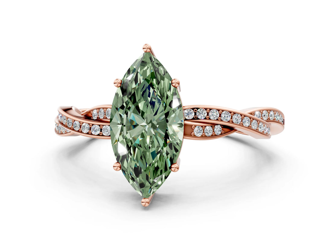 Rose gold Fancy Green Marquise  Solitaire Twisted Pave Diamond Ring with Four-Prong Setting_12