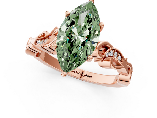 Rose gold Fancy Green Marquise  Solitaire Vine Band with Milgrain Prong Setting