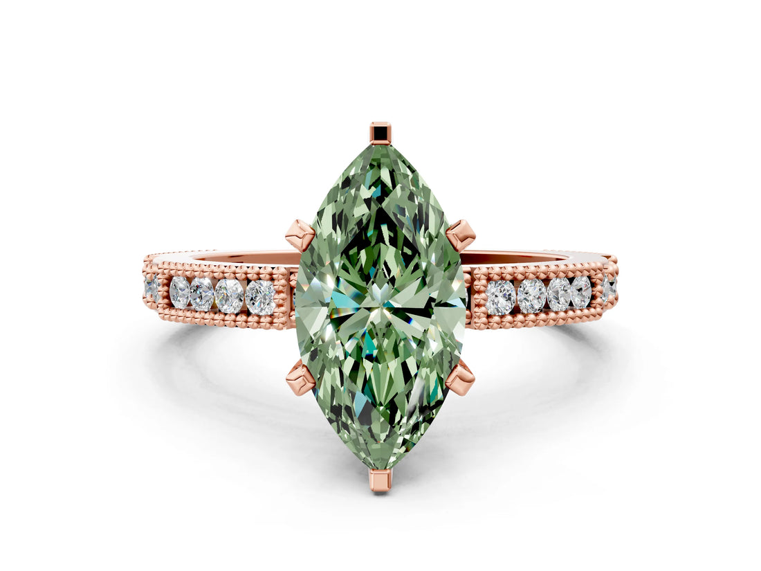 Rose gold Fancy Green Marquise  Solitaire with Pavé Band and Four-Prong Setting_324