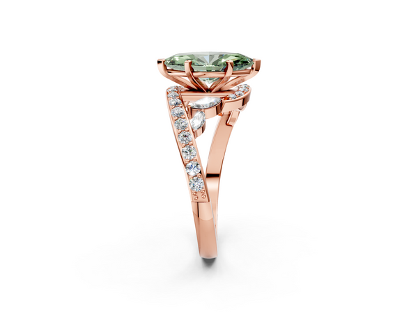 Rose gold Fancy Green Marquise  Solitaire with Pavé Twist Band and Four-Prong Setting