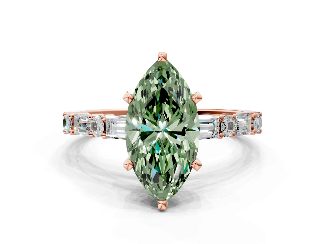 Rose gold Fancy Green Marquise  Solitaire with Side Baguettes and Channel Set Band_38