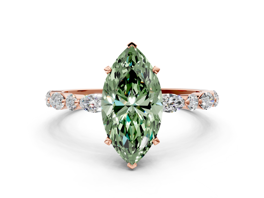 Rose gold Fancy Green Marquise  Solitaire with Side Stones on a Pavé Band and Four-Prong Setting_23