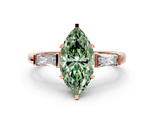 Rose gold Fancy Green Marquise  Solitaire with Tapered Baguette Side Stones on a Classic Band with Four-Prong Setting