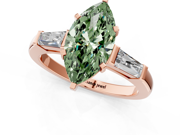 Rose gold Fancy Green Marquise  Solitaire with Tapered Baguette Side Stones on a Classic Band with Four-Prong Setting