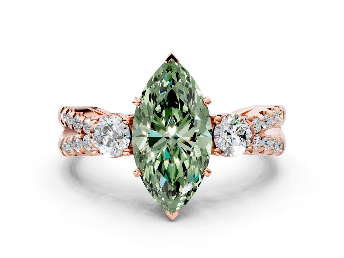 Rose gold Fancy Green Marquise  Three-Stone Diamond Ring with Pavé Split Shank and Four-Prong Setting_79