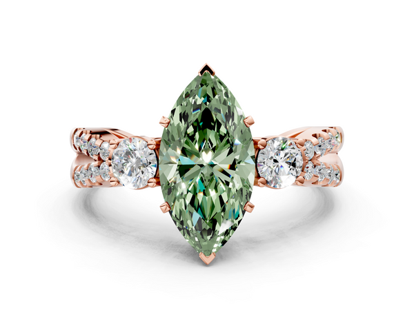 Rose gold Fancy Green Marquise Cut Diamond Three-Stone Ring with Pavé Split Shank and Four-Prong Setting