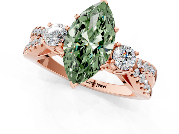Rose gold Fancy Green Marquise Cut Diamond Three-Stone Ring with Pavé Split Shank and Four-Prong Setting