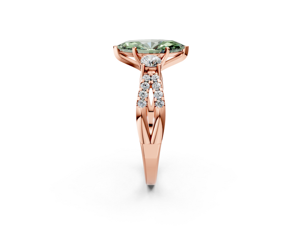 Rose gold Fancy Green Marquise Cut Diamond Three-Stone Ring with Pavé Split Shank and Four-Prong Setting