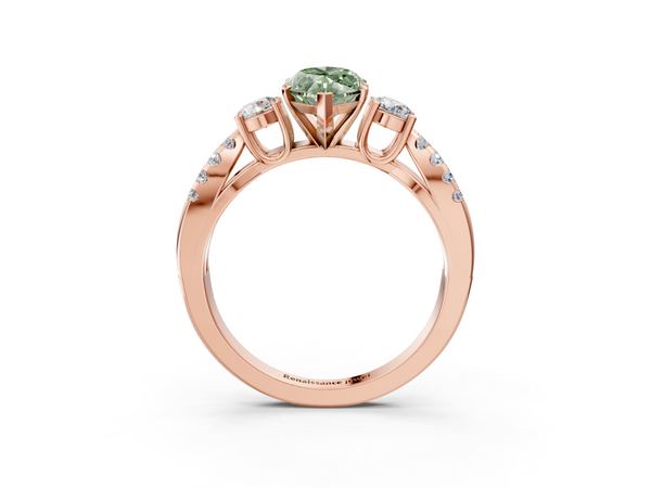 Rose gold Fancy Green Marquise Cut Diamond Three-Stone Ring with Pavé Split Shank and Four-Prong Setting