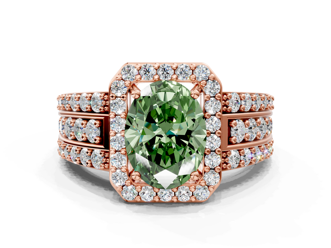 Rose gold Fancy Green Oval -Cut Halo Diamond Ring with Split Shank and Four-Prong Setting_88