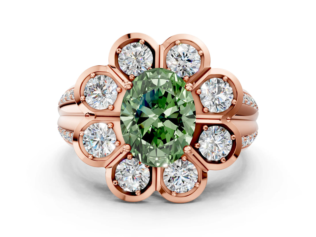 Rose gold Fancy Green Oval  Brilliant Flower Halo Diamond Split Shank Ring_75