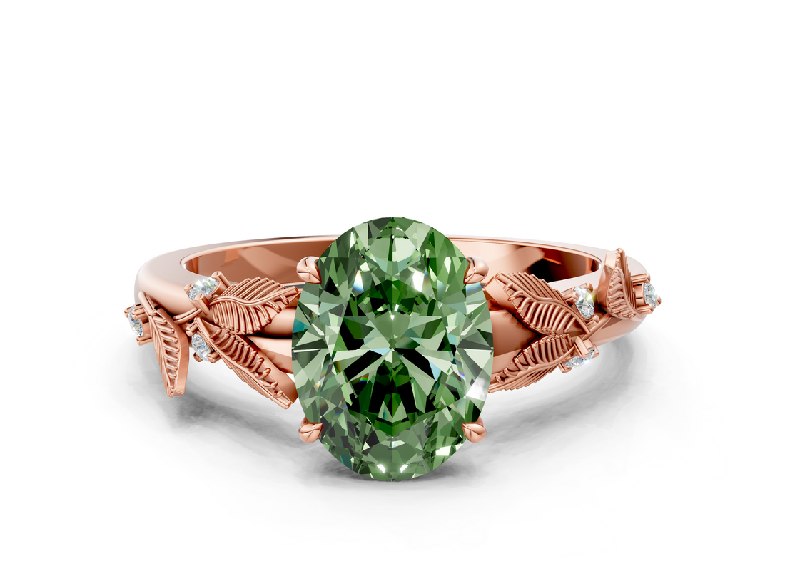 Rose gold Fancy Green Oval  Brilliant Solitaire with Leaf Motif Band and Four-Prong Setting_61