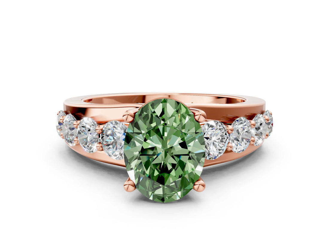 Rose gold Fancy Green Oval  Brilliant Solitaire with Side Stones on a Pave Band and Four-Prong Setting_24