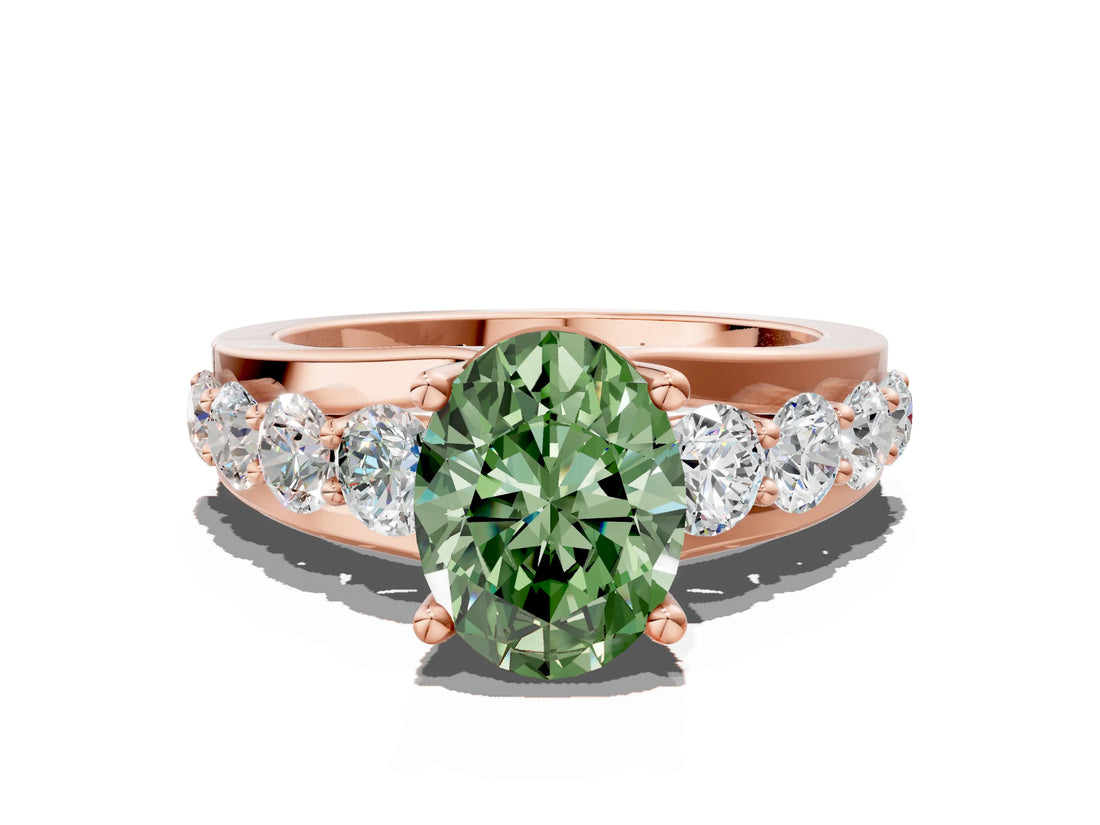 Rose gold Fancy Green Oval  Brilliant Solitaire with Side Stones on a Pave Band and Four-Prong Setting_36