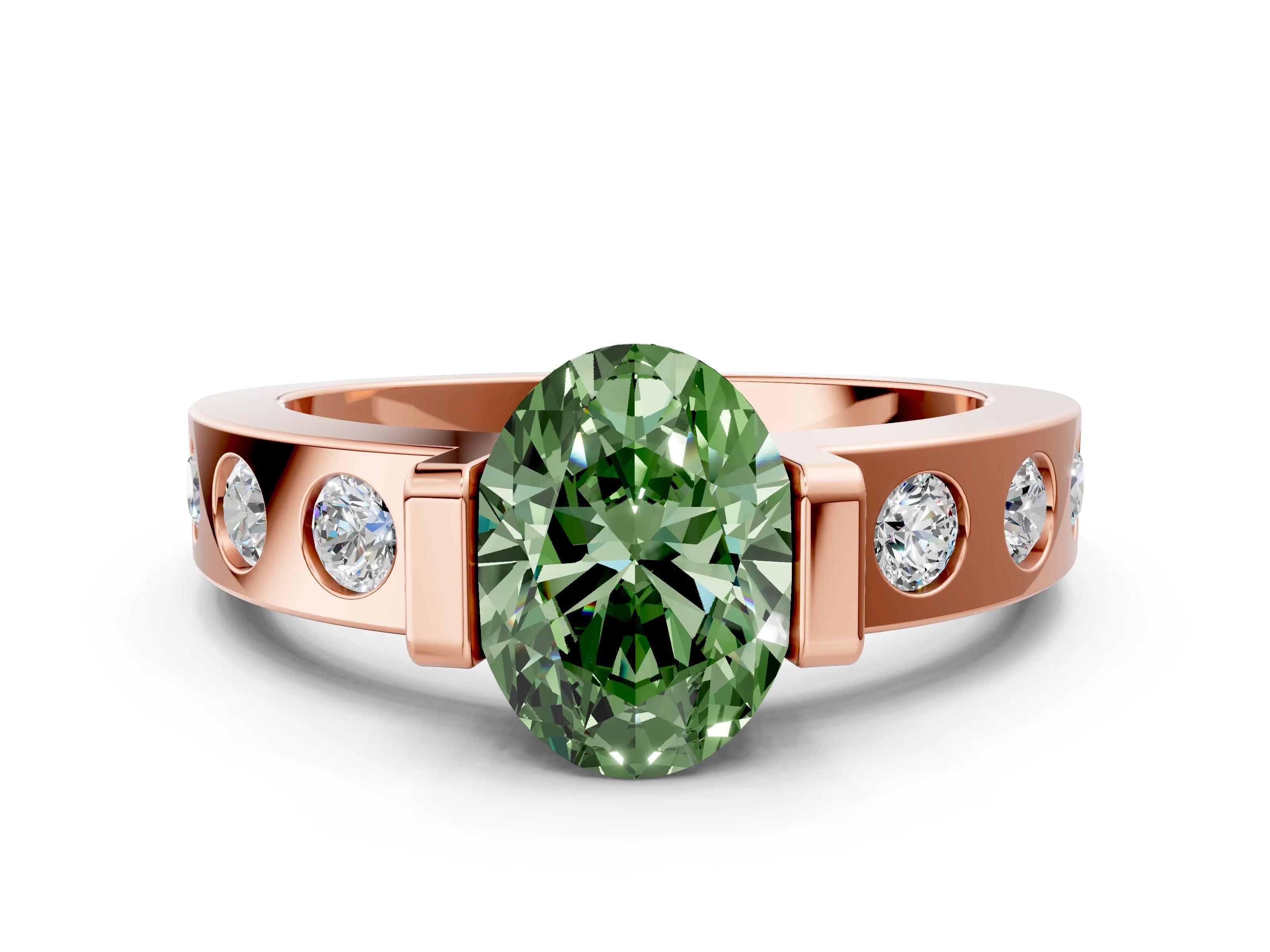 Rose gold Fancy Green Oval Cut Brilliant Channel-Set Diamond Ring with Bezel Prong Setting
