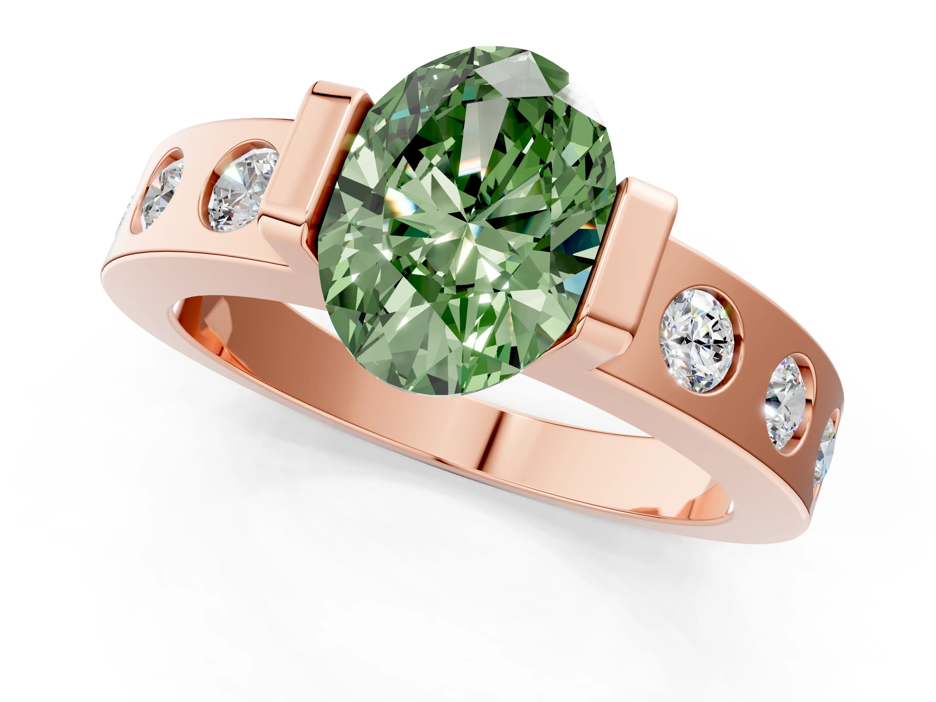 Rose gold Fancy Green Oval Cut Brilliant Channel-Set Diamond Ring with Bezel Prong Setting_1