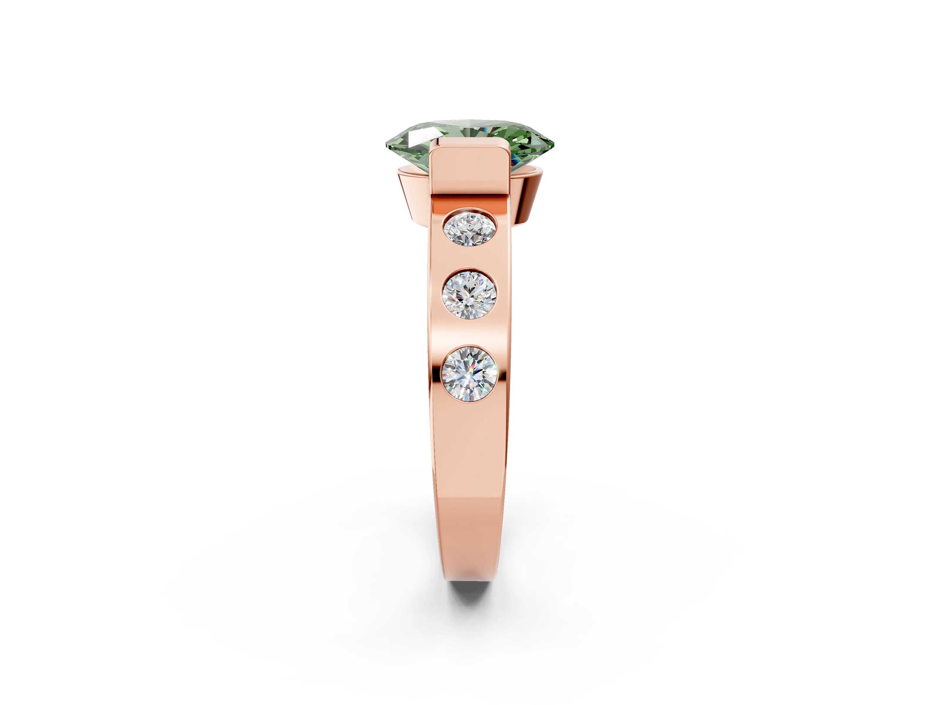 Rose gold Fancy Green Oval Cut Brilliant Channel-Set Diamond Ring with Bezel Prong Setting_2
