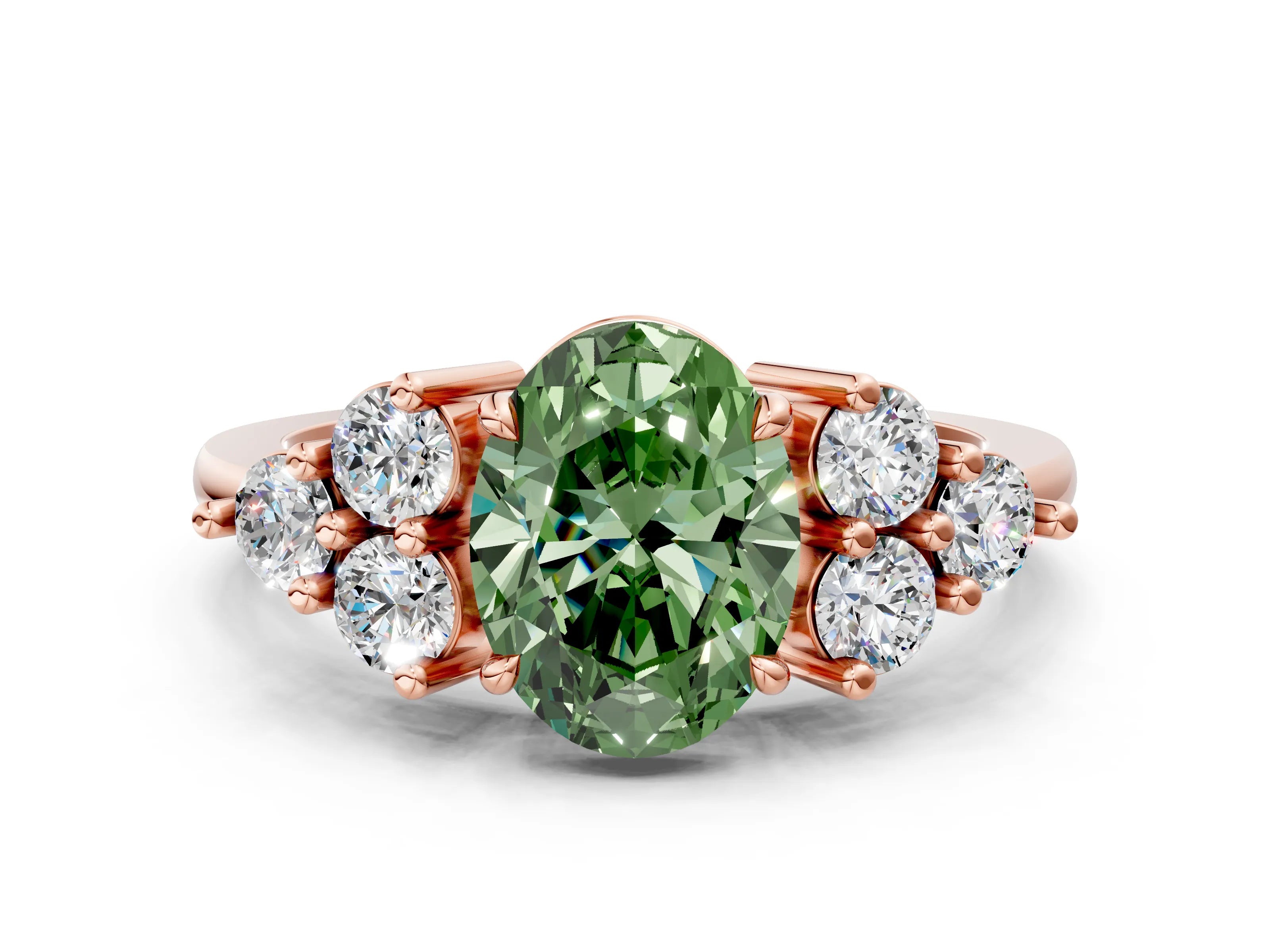 Rose gold Fancy Green Oval Cut Brilliant Diamond Cluster Accent Solitaire Ring with Prong Setting