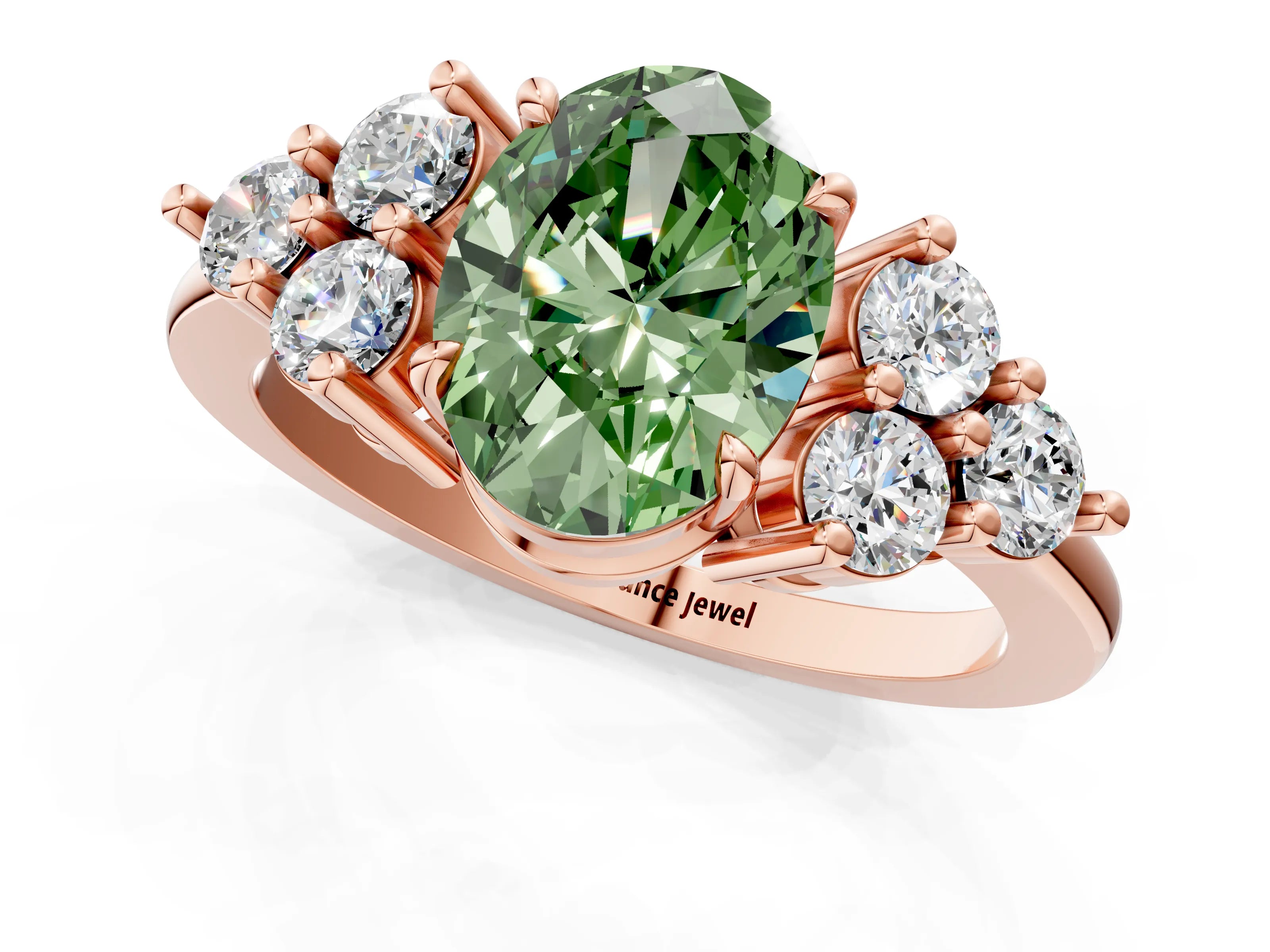 Rose gold Fancy Green Oval Cut Brilliant Diamond Cluster Accent Solitaire Ring with Prong Setting_1