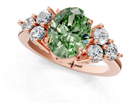 Rose gold Fancy Green Oval Cut Brilliant Diamond Cluster Accent Solitaire Ring with Prong Setting_1