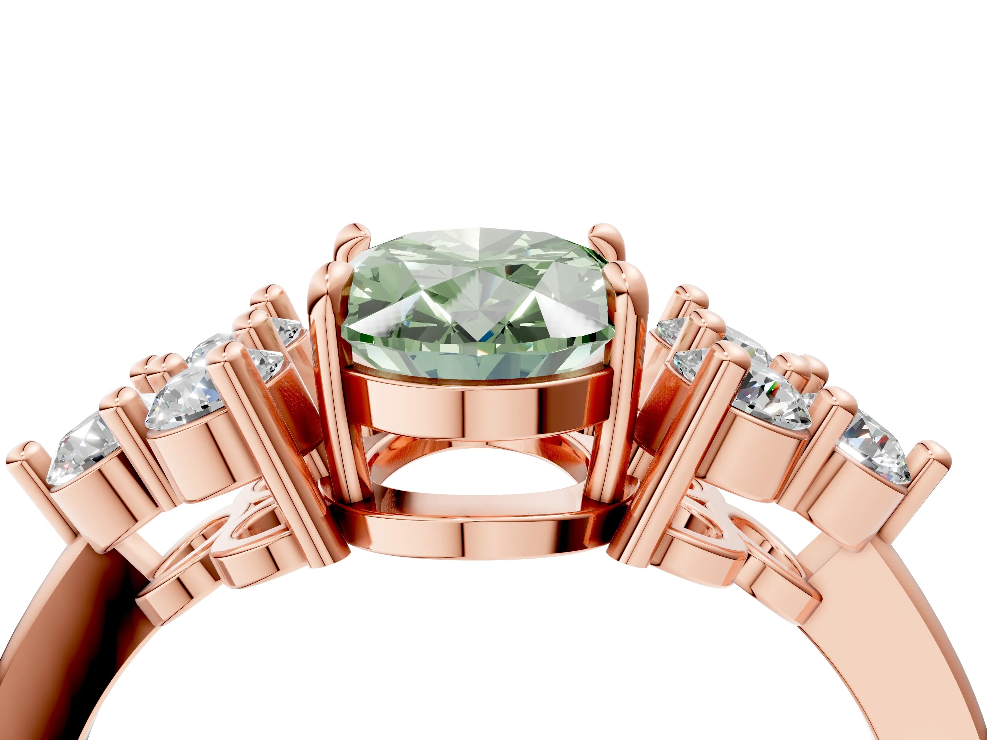 Rose gold Fancy Green Oval Cut Brilliant Diamond Cluster Accent Solitaire Ring with Prong Setting_4