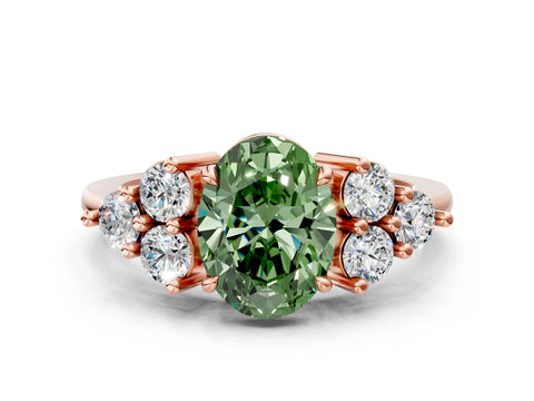 Rose gold Fancy Green Oval Cut Brilliant Diamond Cluster Accent Solitaire Ring with Prong Setting