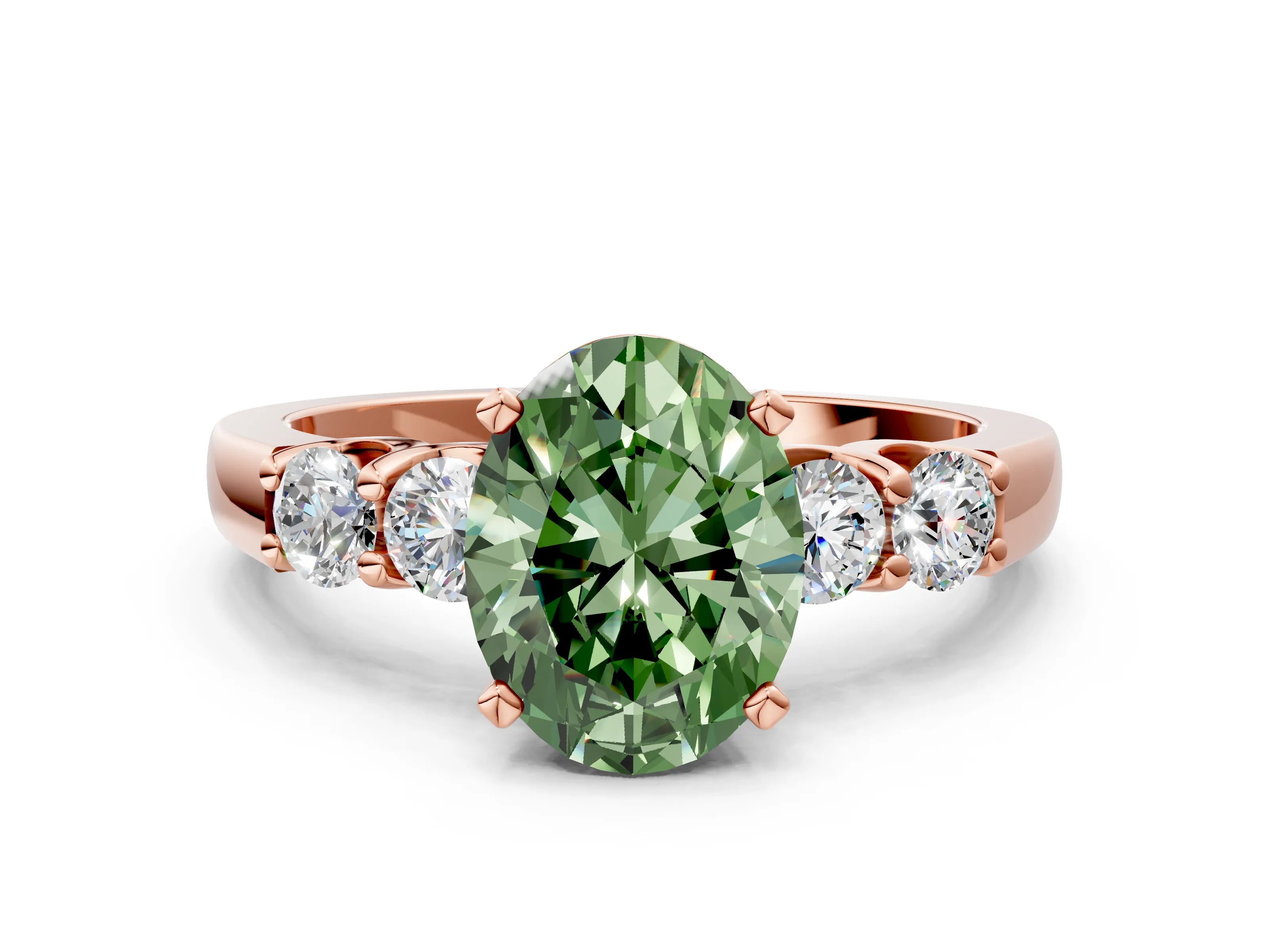 Rose gold Fancy Green Oval Cut Brilliant Diamond Five-Stone Engagement Ring with Prong Setting on a Classic Band_3