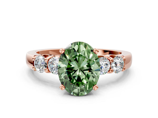 Rose gold Fancy Green Oval Cut Brilliant Diamond Five-Stone Engagement Ring with Prong Setting on a Classic Band