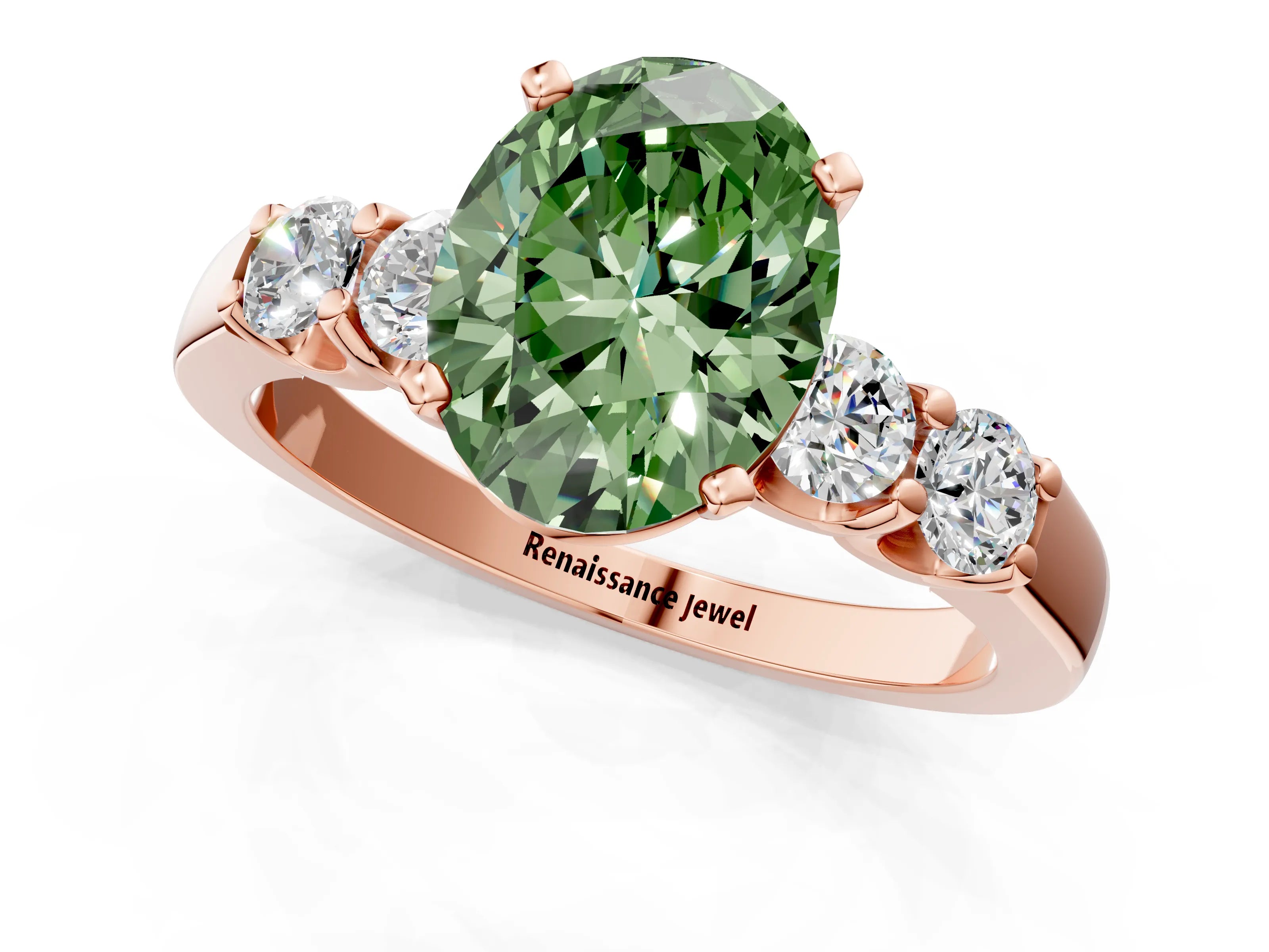 Rose gold Fancy Green Oval Cut Brilliant Diamond Five-Stone Engagement Ring with Prong Setting on a Classic Band_4