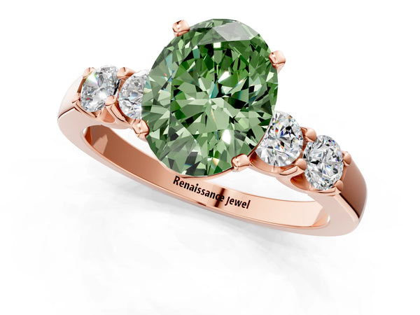 Rose gold Fancy Green Oval Cut Brilliant Diamond Five-Stone Engagement Ring with Prong Setting on a Classic Band