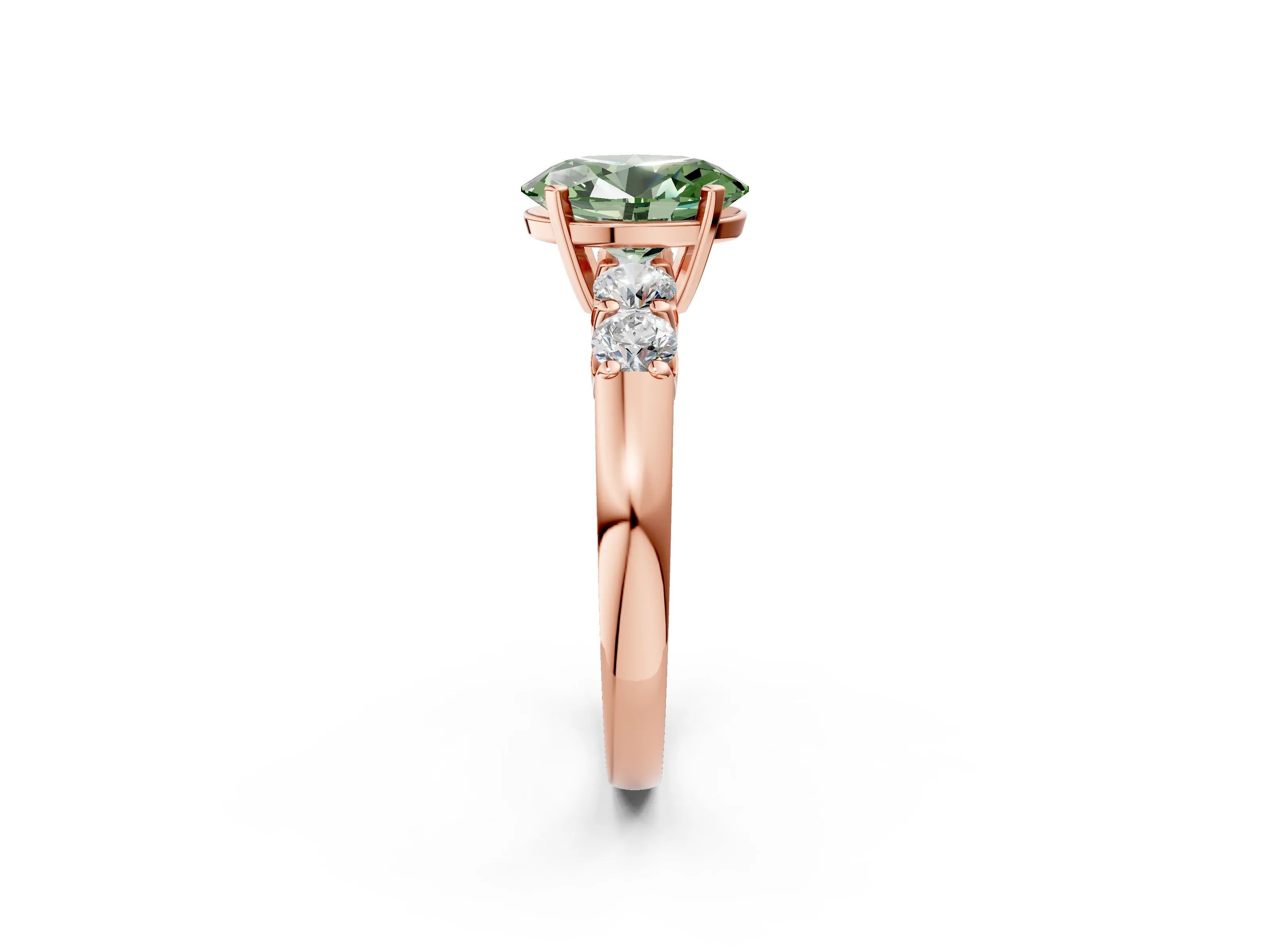 Rose gold Fancy Green Oval Cut Brilliant Diamond Five-Stone Engagement Ring with Prong Setting on a Classic Band_5