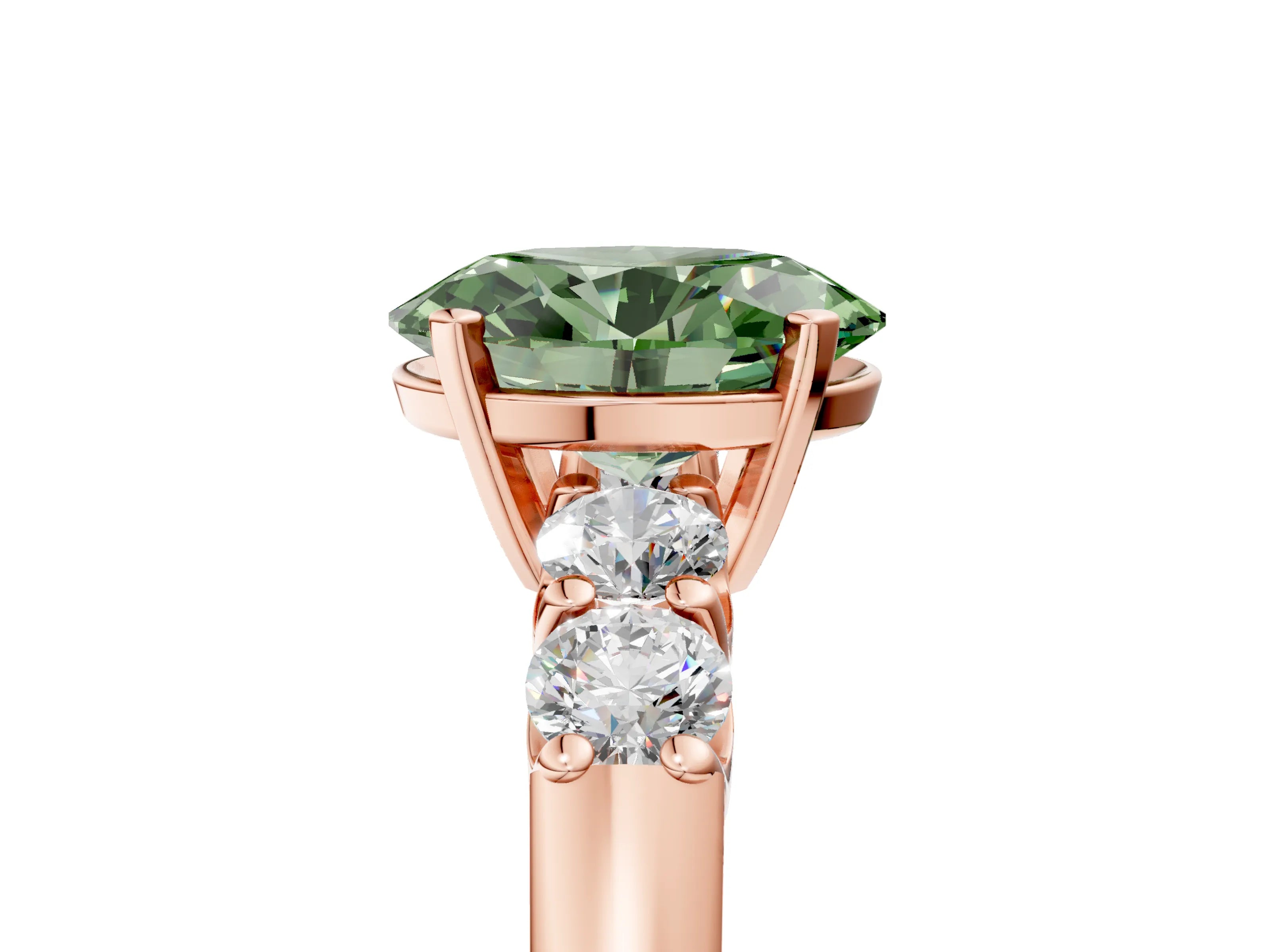 Rose gold Fancy Green Oval Cut Brilliant Diamond Five-Stone Engagement Ring with Prong Setting on a Classic Band_8