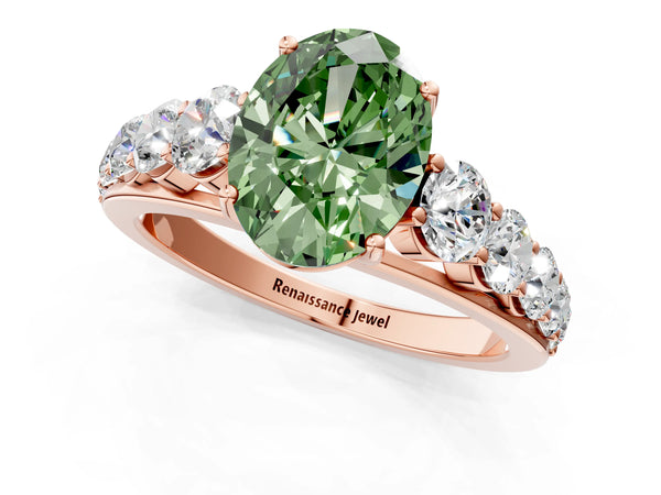 Rose gold Fancy Green Oval Cut Brilliant Diamond Pavé Band with Six-Prong Setting