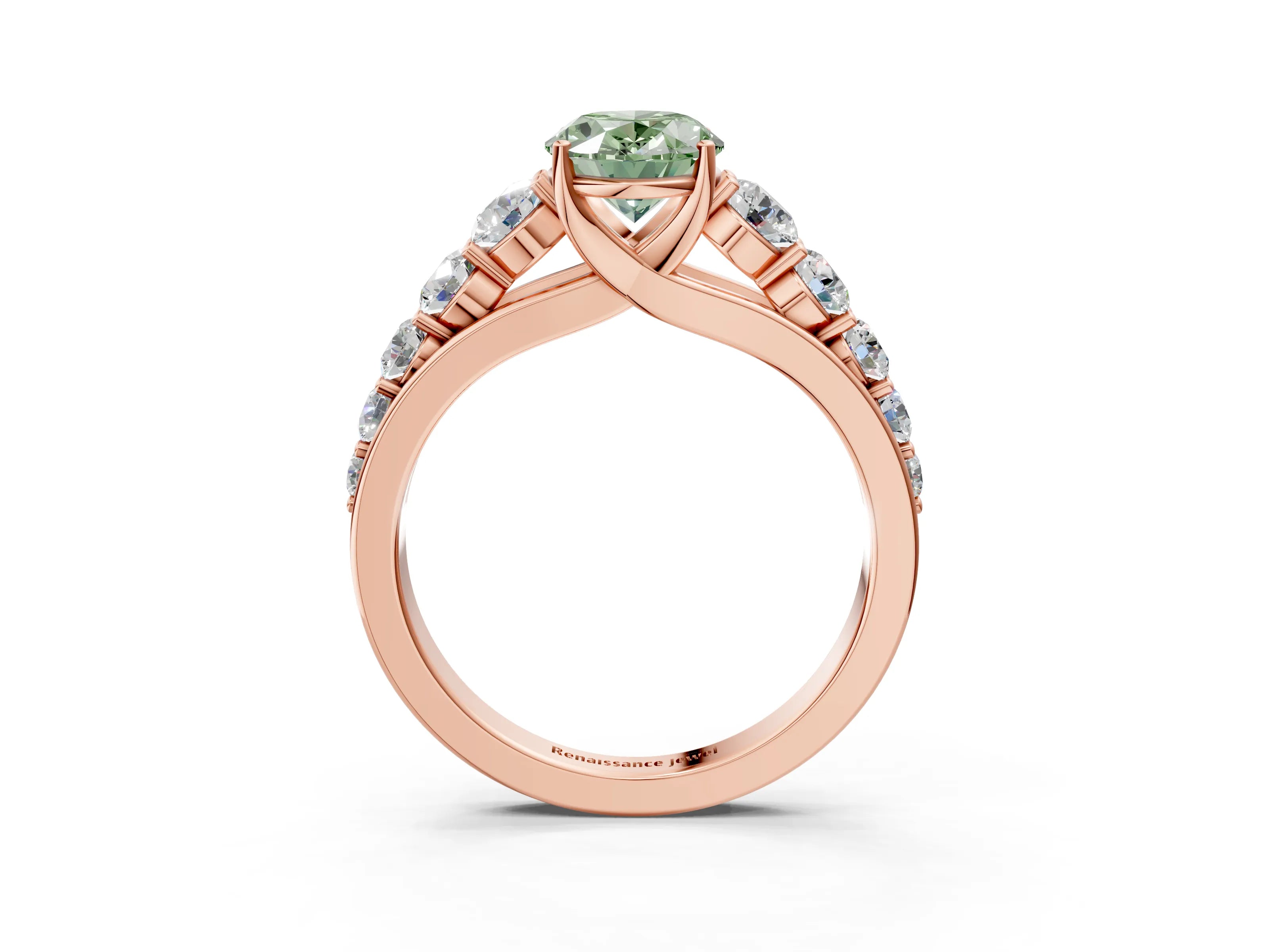 Rose gold Fancy Green Oval Cut Brilliant Diamond Pavé Band with Six-Prong Setting_3