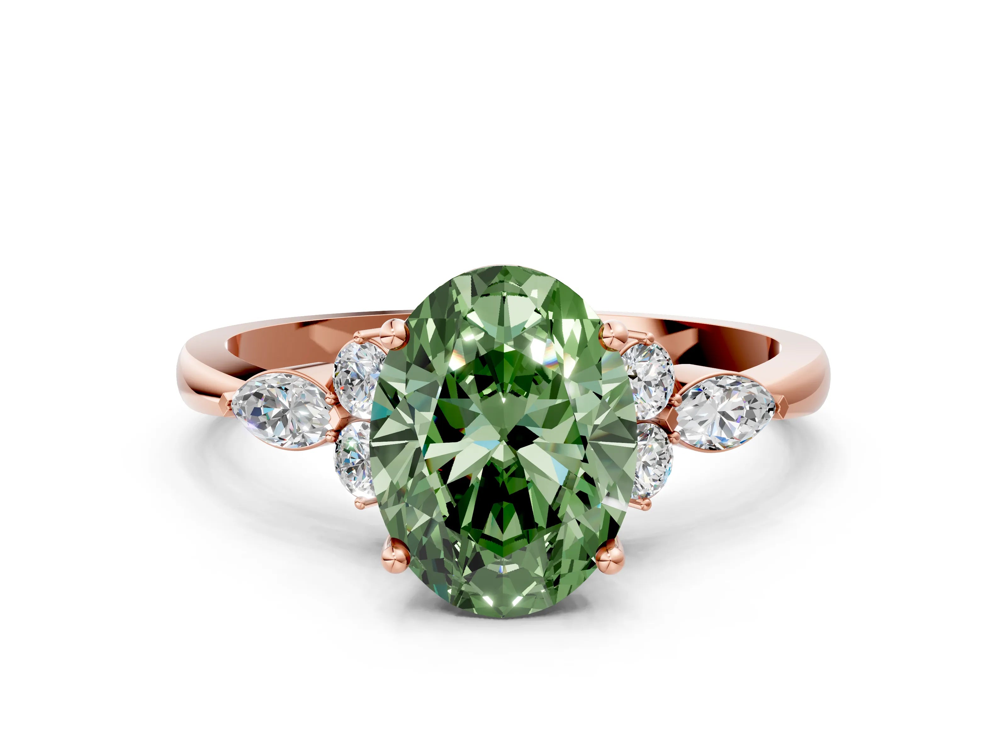 Rose gold Fancy Green Oval Cut Brilliant Diamond Solitaire Ring with Pear Side Stones and Four-Prong Setting_3