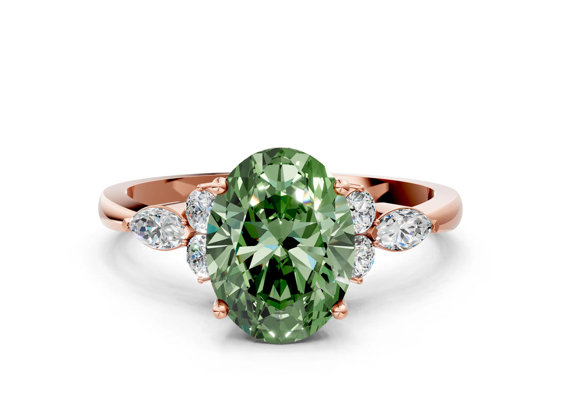 Rose gold Fancy Green Oval Cut Brilliant Diamond Solitaire Ring with Pear Side Stones and Four-Prong Setting_3