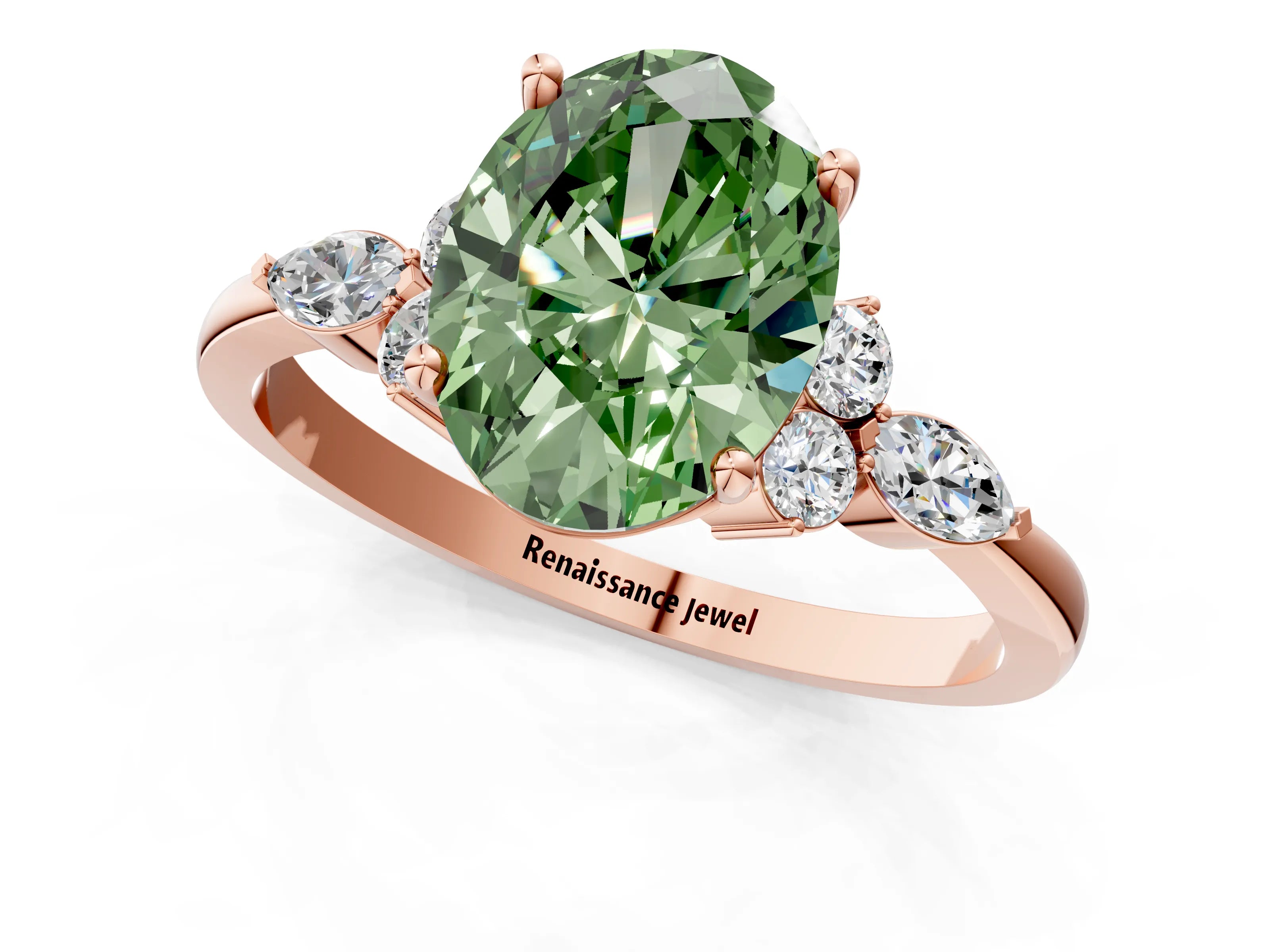 Rose gold Fancy Green Oval Cut Brilliant Diamond Solitaire Ring with Pear Side Stones and Four-Prong Setting_4