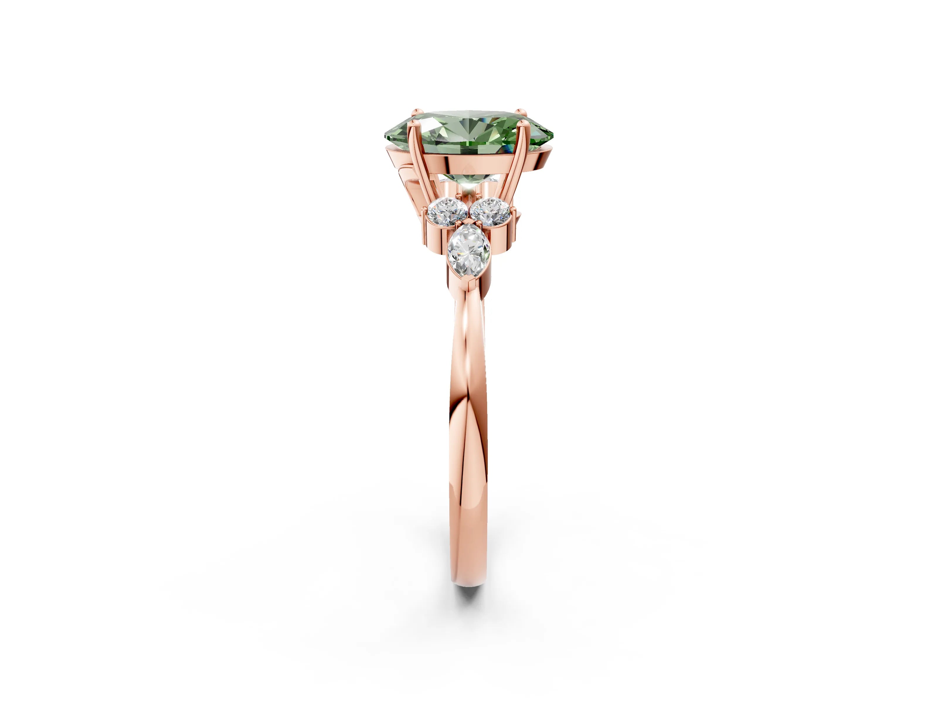 Rose gold Fancy Green Oval Cut Brilliant Diamond Solitaire Ring with Pear Side Stones and Four-Prong Setting_5