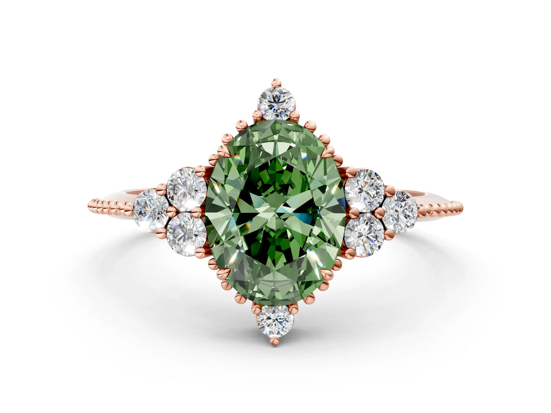 Rose gold Fancy Green Oval Cut Brilliant Diamond with Cluster Setting on a Beaded Band and Four-Prong Setting