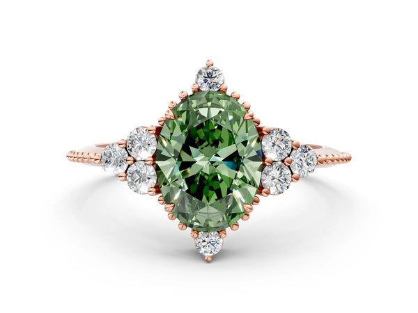 Rose gold Fancy Green Oval Cut Brilliant Diamond with Cluster Setting on a Beaded Band and Four-Prong Setting