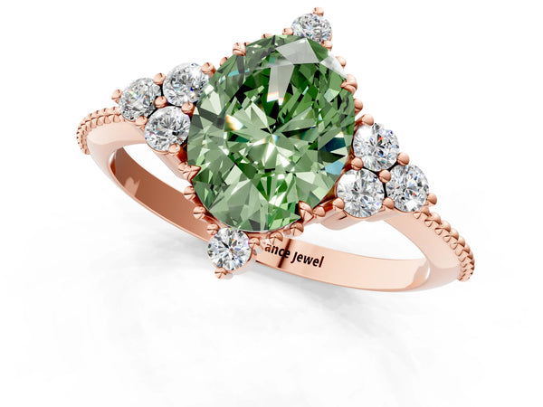 Rose gold Fancy Green Oval Cut Brilliant Diamond with Cluster Setting on a Beaded Band and Four-Prong Setting