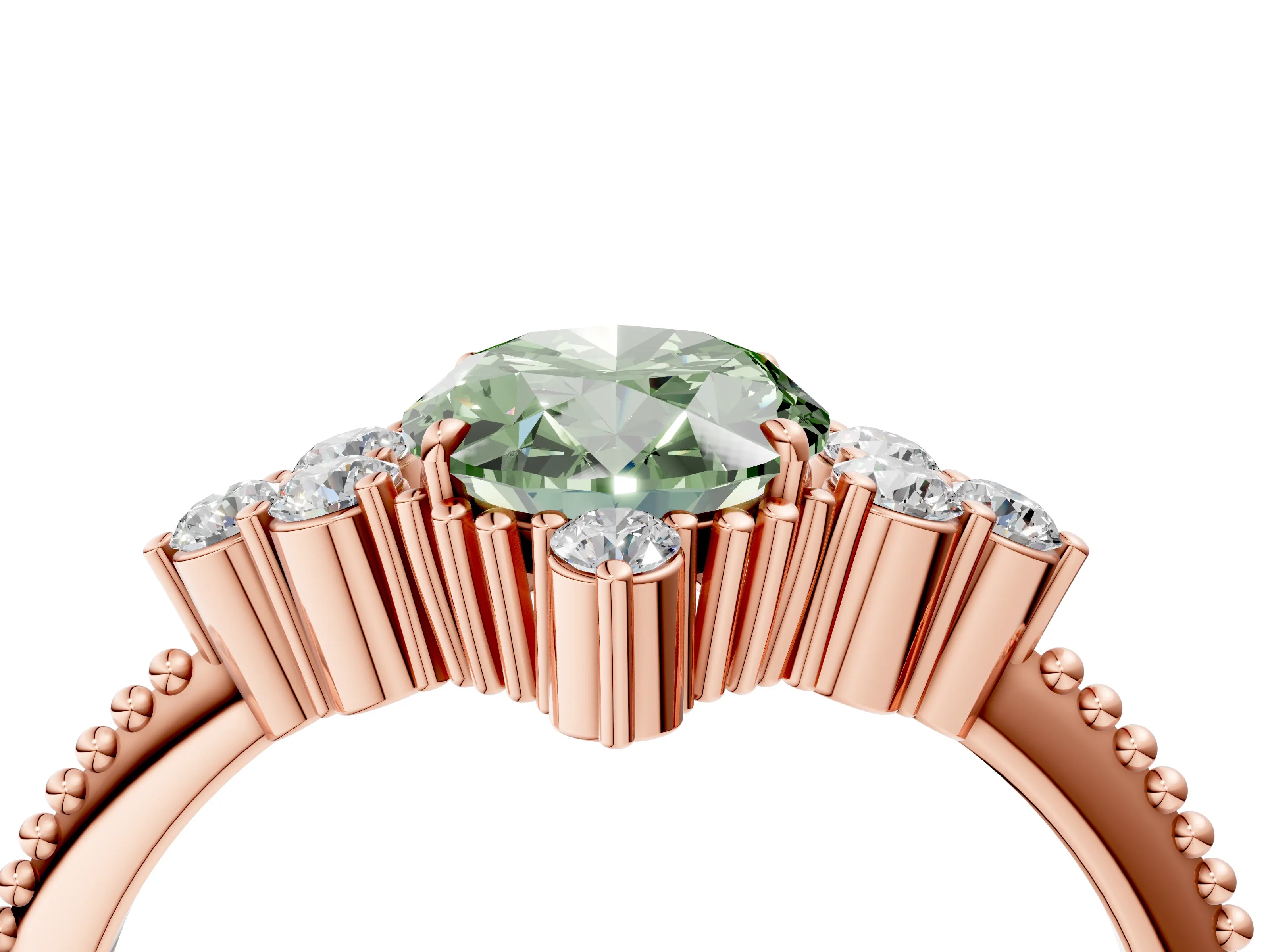 Rose gold Fancy Green Oval Cut Brilliant Diamond with Cluster Setting on a Beaded Band and Four-Prong Setting_4
