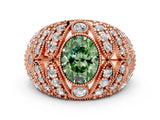 Rose gold Fancy Green Oval Cut Brilliant Halo Pave Diamond Milgrain Ring