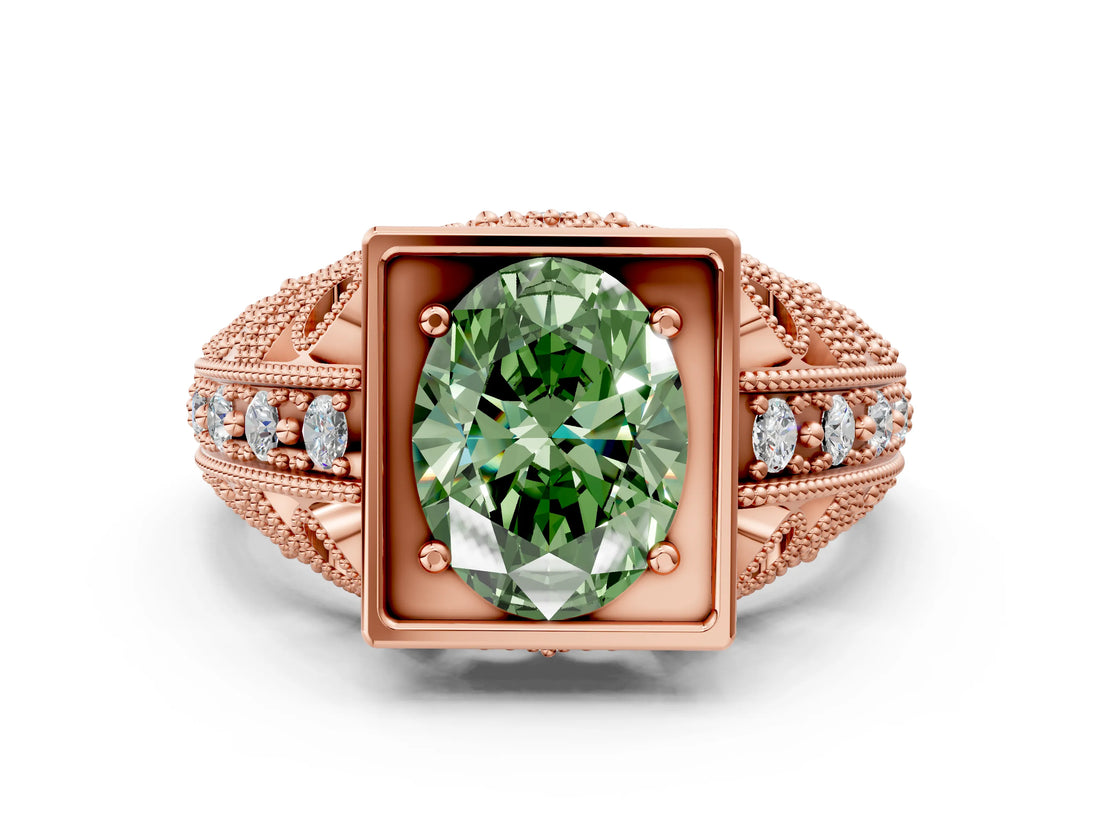 Rose gold Fancy Green Oval Cut Brilliant Milgrain Filigree Diamond Ring with Square Prong Setting