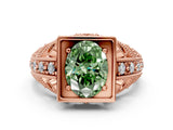 Rose gold Fancy Green Oval Cut Brilliant Milgrain Filigree Diamond Ring with Square Prong Setting