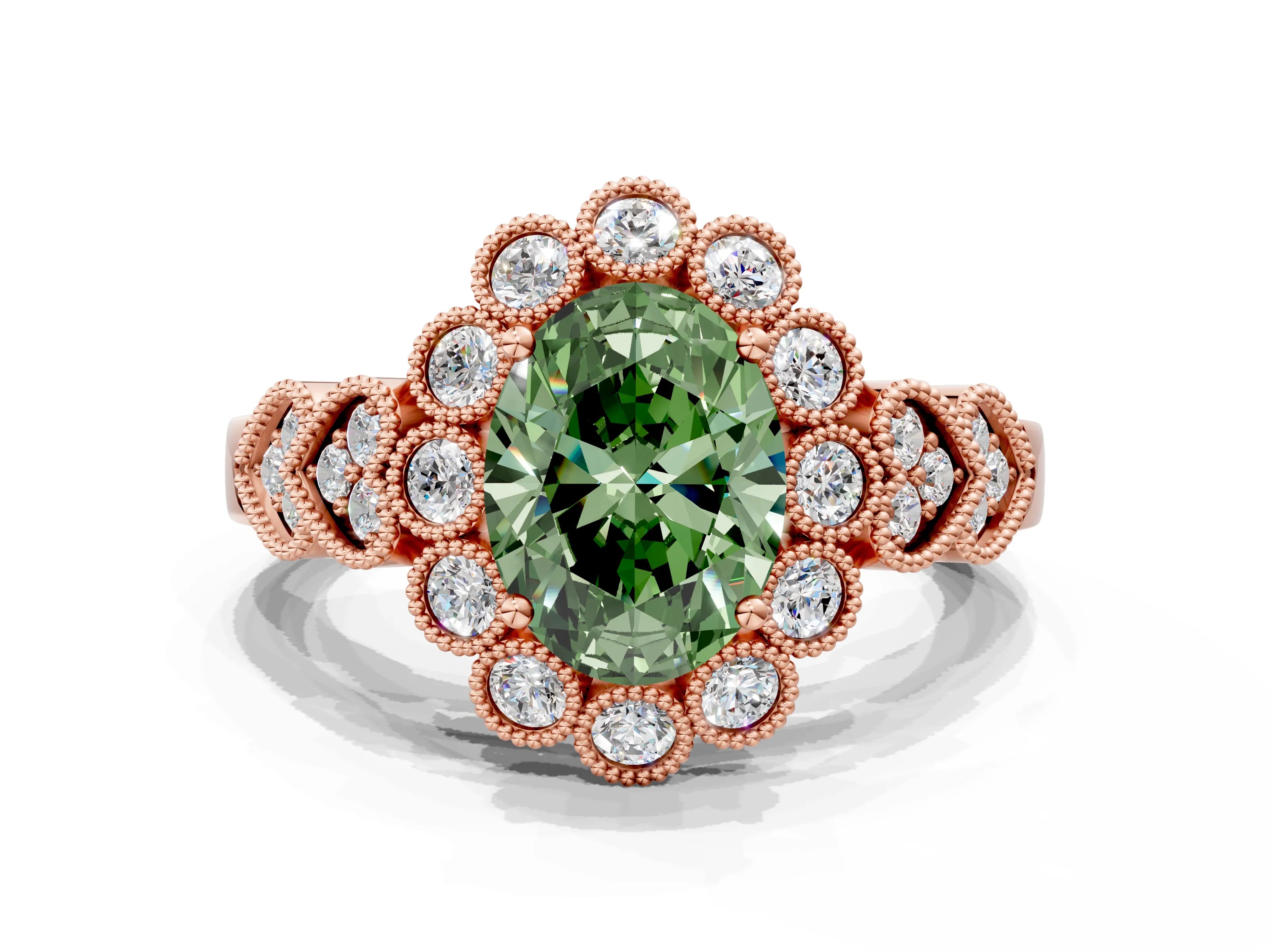 Rose gold Fancy Green Oval Cut Brilliant Milgrain Pave Heart Band Solitaire Ring