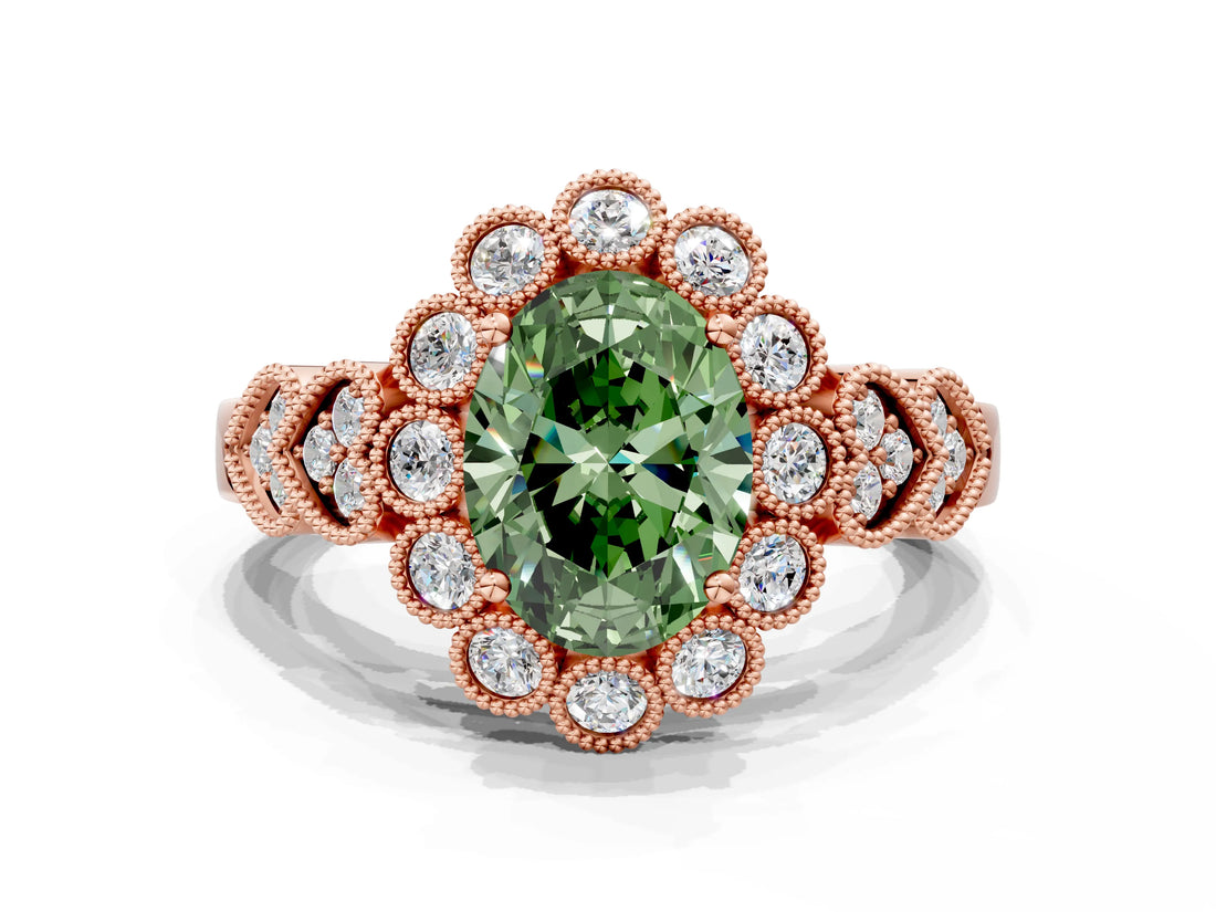 Rose gold Fancy Green Oval Cut Brilliant Milgrain Pave Heart Band Solitaire Ring