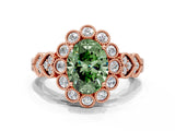 Rose gold Fancy Green Oval Cut Brilliant Milgrain Pave Heart Band Solitaire Ring