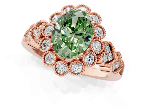 Rose gold Fancy Green Oval Cut Brilliant Milgrain Pave Heart Band Solitaire Ring_1