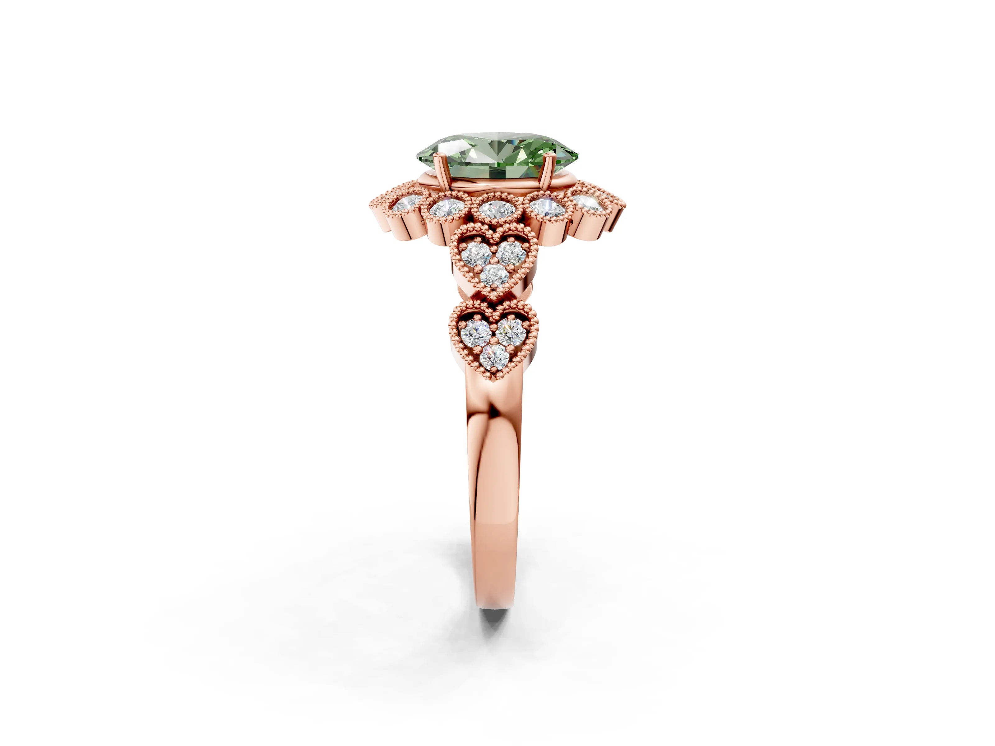 Rose gold Fancy Green Oval Cut Brilliant Milgrain Pave Heart Band Solitaire Ring_2